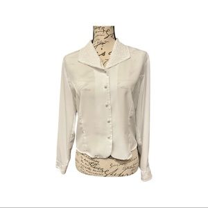Vintage 90s Yves St. Claire White Lace Collared Button up Cropped Blouse Small
